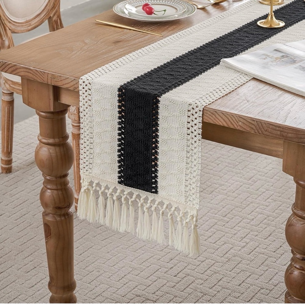 Woven Black & Cream Boho Table Runner 11.8” x 95” | Dining Decor